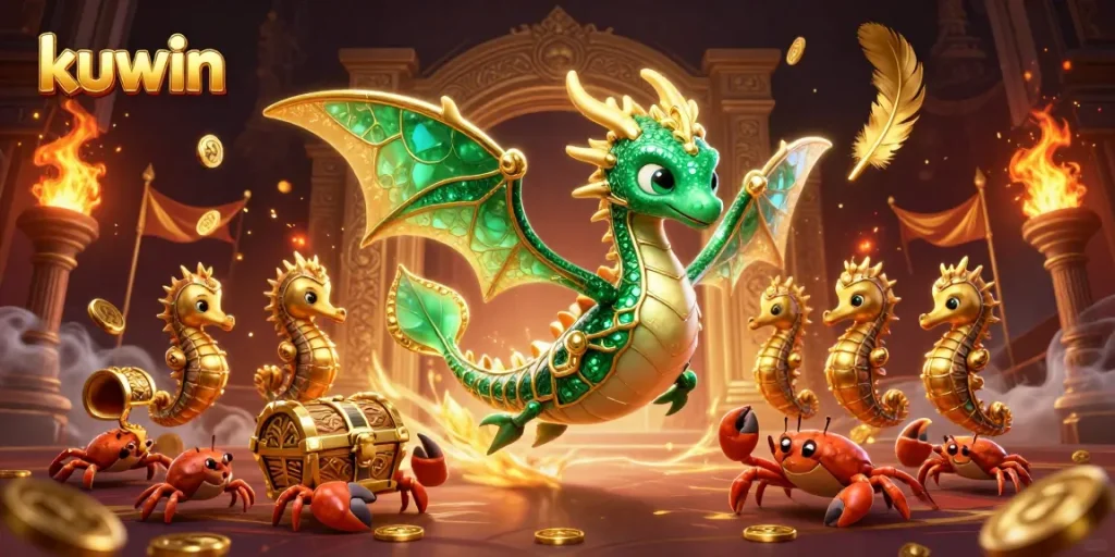 Kuwin showcases a 3D leafy sea dragon in a vibrant casino scene filled with gold coins and betting tokens.