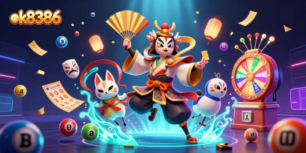 Engage with thrilling games at ok8386 featuring a kabuki warrior surrounded by lottery elements.