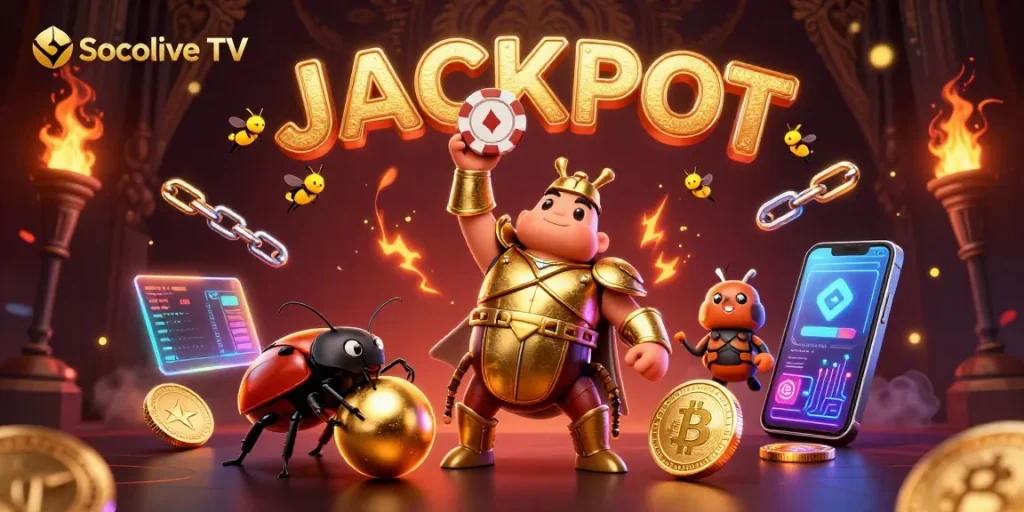 Socolive TV brings excitement alive with colorful 3D characters celebrating jackpots and cryptocurrency.