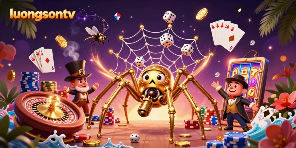 Experience the excitement of gambling with luongsontv's colorful scene of a steampunk spider and Victorian fly.