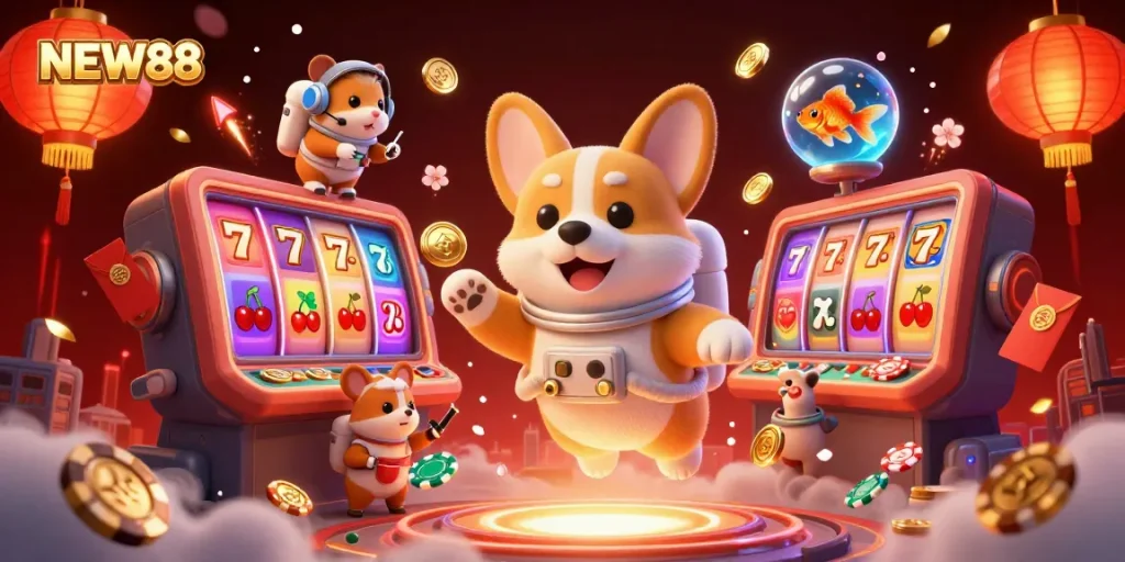 Experience exciting slots with NEW88 in a vibrant casino adventure featuring a floating astronaut corgi.