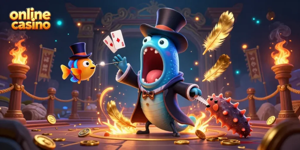 Experience the magic of an online casino with creative card tricks and vibrant characters.