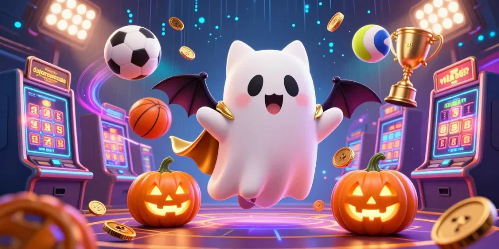 Join the thrilling action with fishprawncrabs in this vibrant casino scene featuring a ghost cat and dynamic sports elements.