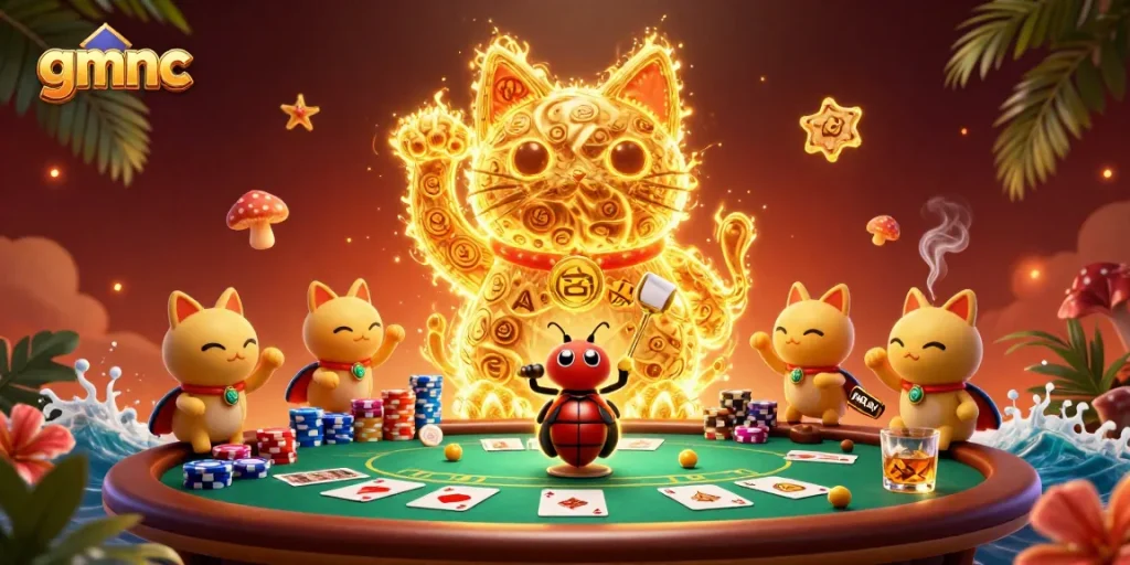 Experience thrilling gameplay with gmnc's unique lucky cat illustration and poker elements.
