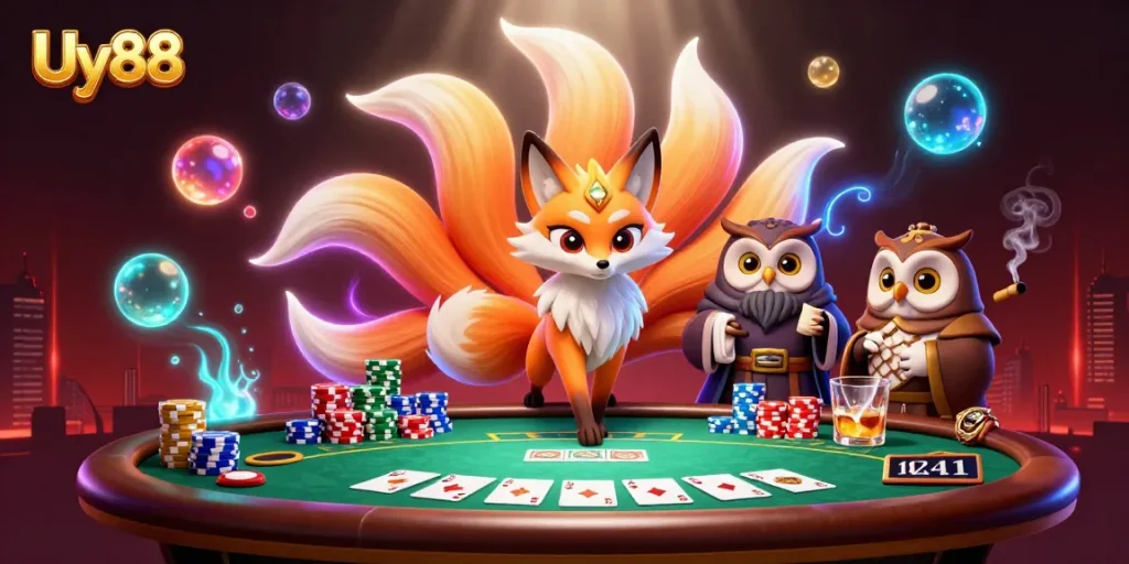 Uy88 showcases vibrant gaming energy with whimsical characters in a lively casino atmosphere.