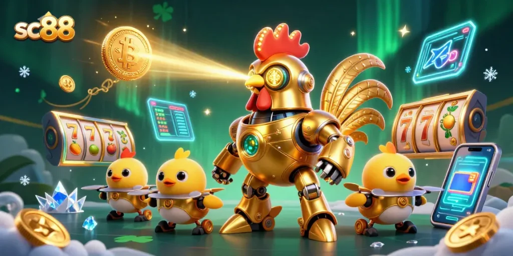 Engage with sc88 using a dynamic scene of a golden rooster robot and crypto elements in a thrilling casino atmosphere.