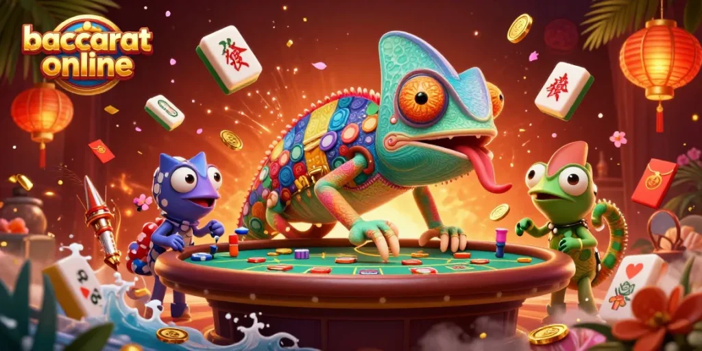 Experience baccarat online excitement with vibrant gaming elements and a dynamic chameleon casino owner.