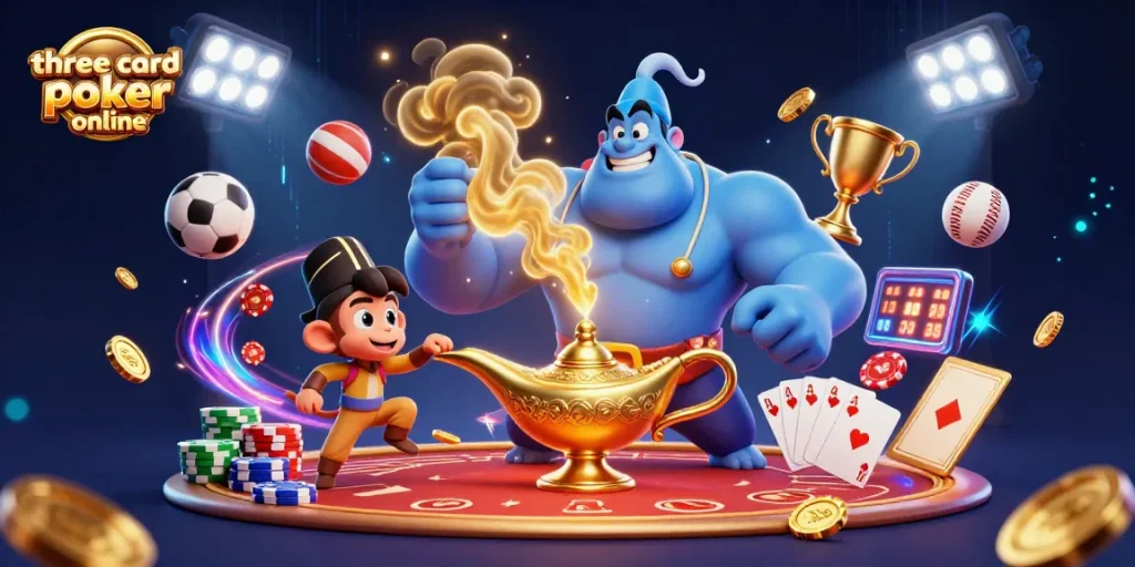 Experience three card poker online with an exciting 3D casino illustration featuring a genie, monkey, and poker elements.