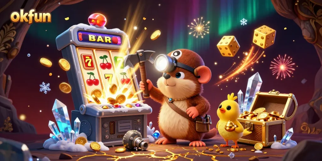 Spin the reels at okfun's colorful slot machine, bursting with coins and symbols amidst treasure