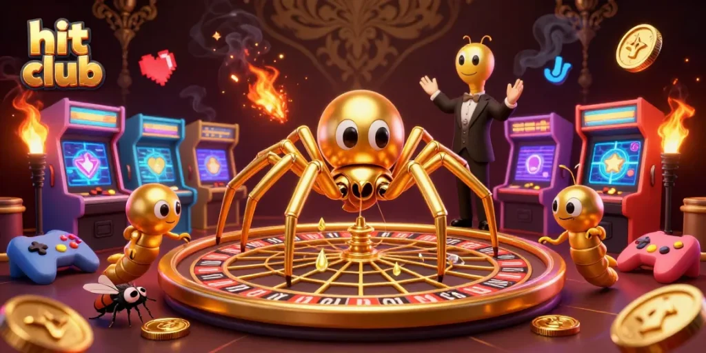 Hit club showcases a golden spider and insect characters in a vibrant casino scene.