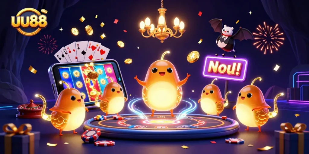 Experience thrilling slot games with uu88 in a vibrant cave casino scene featuring glowworms and unique game elements.