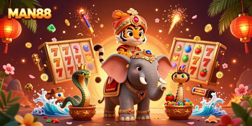 Engage in epic gaming at MAN88, featuring vivid 3D elements like joyous slot reels and lucky symbols.
