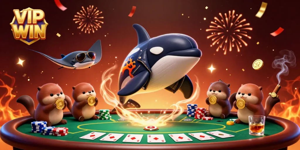 Join the ultimate experience with VIP WIN as otters hold golden coins and an orca jumps in a vibrant casino scene.