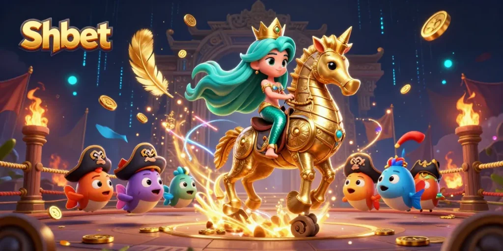 Watch the Shbet mermaid princess tackle the gaming adventure on a giant seahorse surrounded by colorful sea creatures.