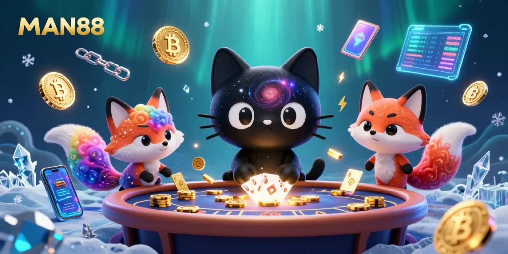 Experience the allure of MAN88 as a cosmic cat draws in golden chips at a vibrant casino table.