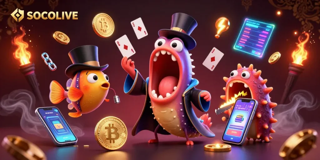 SOCOLIVE showcases a magical underwater scene with a gulper eel performing tricks, anglerfish spotlighting, highlighting stunning crypto gambling.