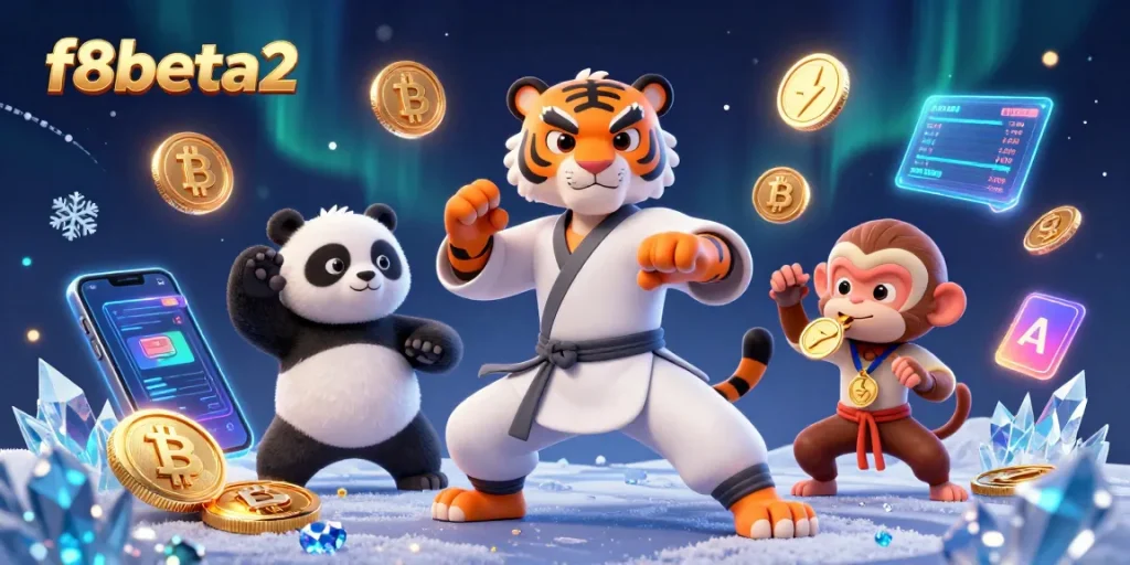 Experience the excitement of f8beta2 with a kung fu tiger master, a panda disciple, and a mischievous monkey in a vibrant casino scene.