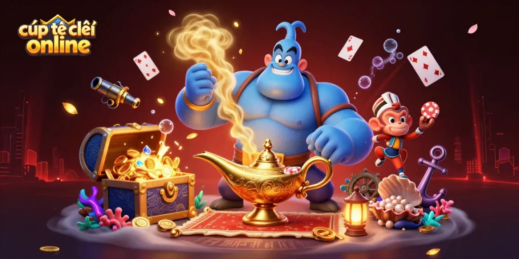 Engage in cúp thế giới online action with a magical casino adventure illustration featuring a genie and treasures.
