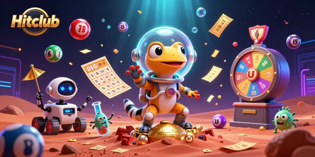 Experience thrilling wins at Hitclub with a vibrant alien casino scene filled with golden treasures.