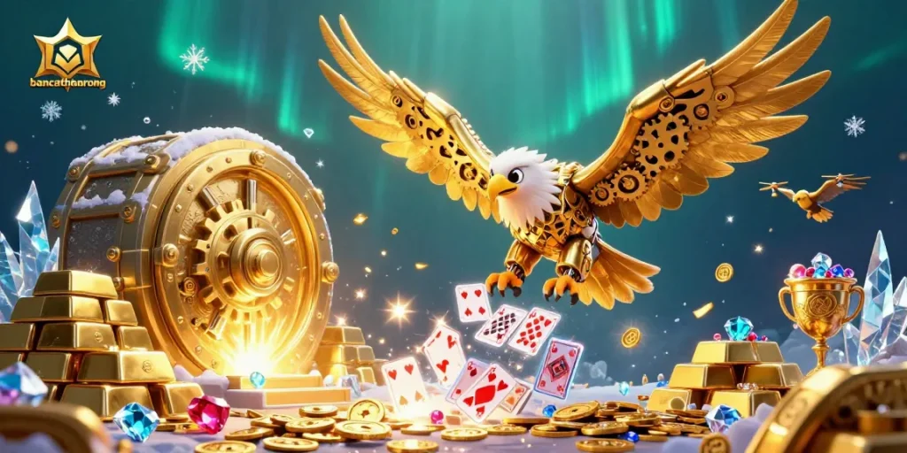 bancathanrong showcases an epic 3D art scene of a golden eagle diving through cards, symbolizing winning strategies.