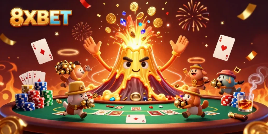Experience the thrill of 8XBET with a vibrant scene of treasure, golden lava, and poker elements.