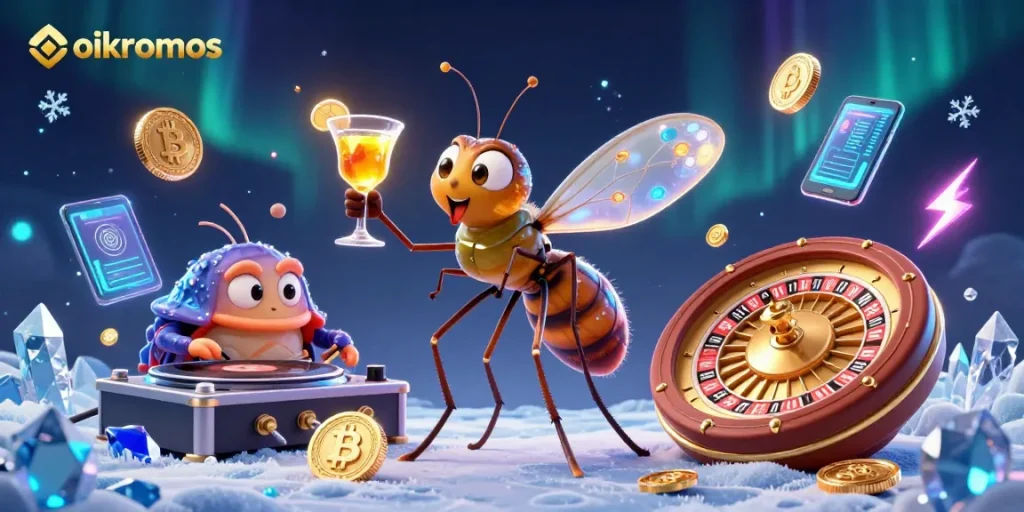 Engage with oikonomos: innovative 3D casino art showcasing vibrant gaming elements and characters.