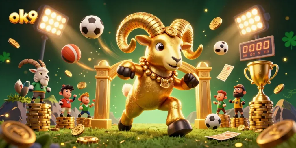 Experience the excitement of ok9 with a dynamic 3D illustration of a charging golden ram amidst sports betting action.